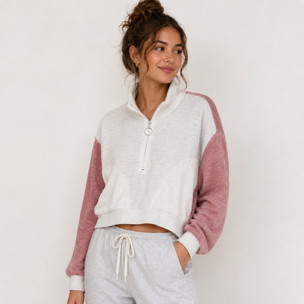 L*Space Cropped Half Zip Sweatshirt Pink Cream Cozy Lounge Soft Girl Medium NWOT
